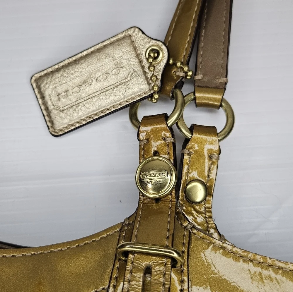 Coach Carly F16180 Vintage Tote – Y2K Metallic Patchwork Logo Canvas Purse, Gold